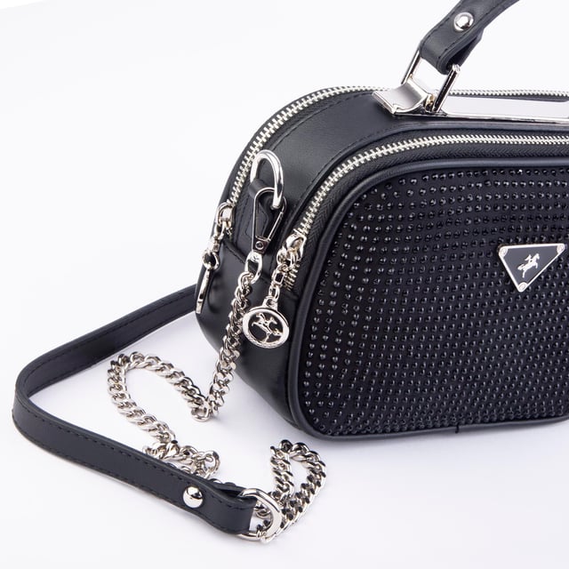 Nas Bag Zincirli Kapitone Çift Gözlü El ve Çapraz Çanta Siyah  Taşlı ( 21x16 cm )