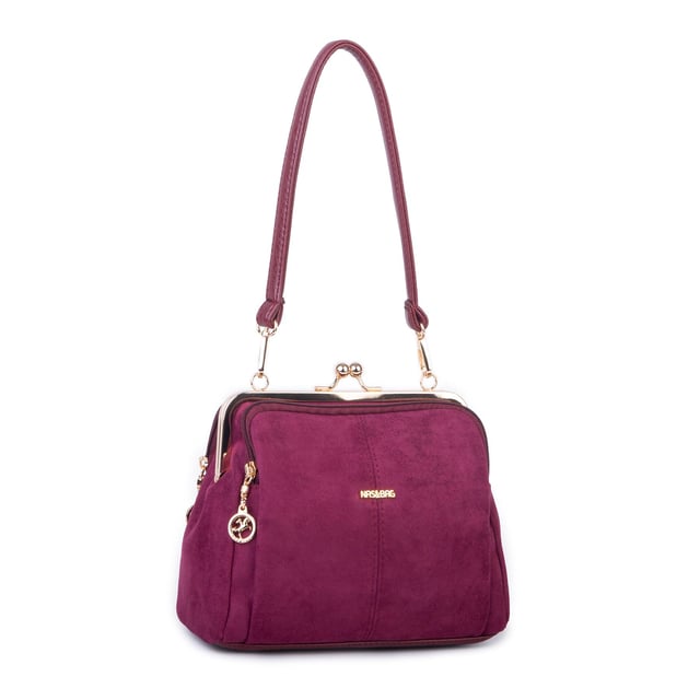 Nas Bag Burslu Klipsli Vintage Omuz ve Çapraz Çanta (23x20 cm ebatlarındadır) Bordo Süet