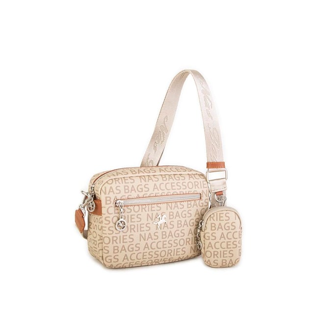Nas Bag Kadın Çapraz Çanta Mini Cüzdanlı Ayarlanabilir Askılı Vizon Taba Yazılı