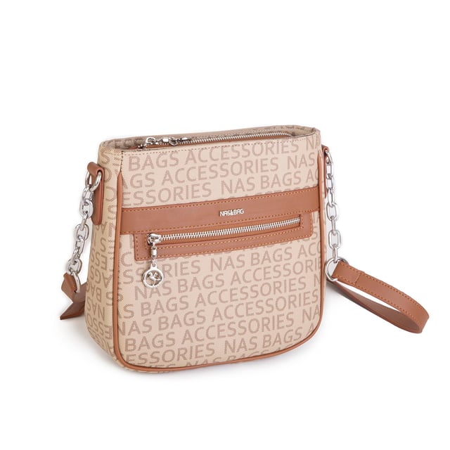 Nas Bag Kadın Çapraz Çanta Spor Ayarlanabilir Askılı  Vizon Taba  Yazılı  (ürün ölçüsü :24x24x7 cm)