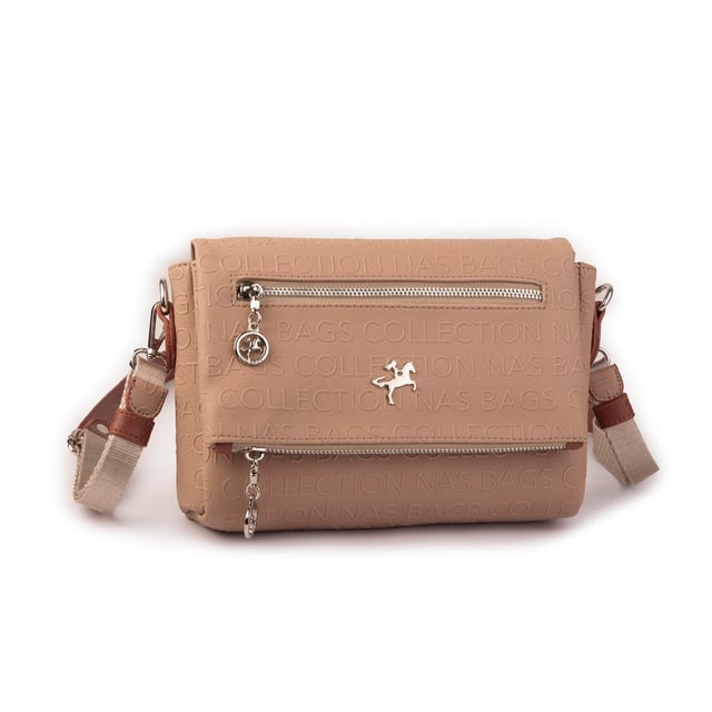 Nas Bag Kadın Çapraz Çok Cepli Spor Çanta Kum  Taba Gofraj  (25x18x7 cm )