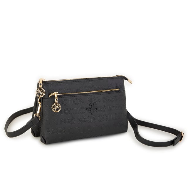 Nas Bag Kadın Çapraz ve Clutch Çanta Bilek ve Çapraz Askılı  Siyah  Gofraj  (24x15 cm) 