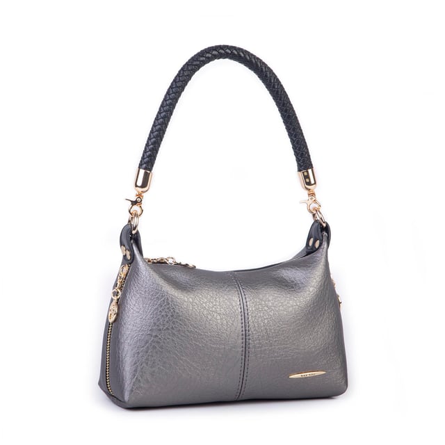 Nas Bag Kadın Mini Omuz ve Çapraz Çanta Örgülü Askılı (en: 23 cm , boy: 14 cm) Gri Siyah Victoria