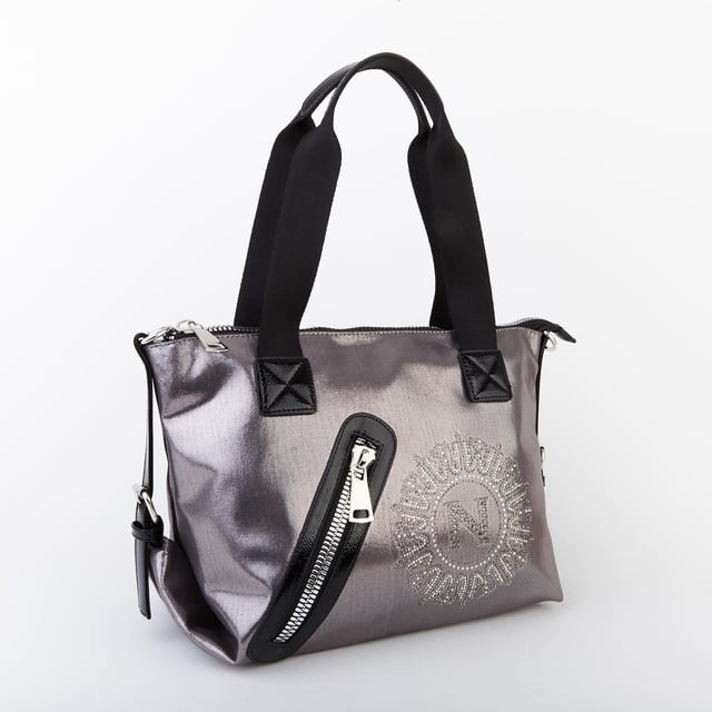 Nas Bag Kadın Taşlı Fermuarlı Şık Omuz Çantası ve Ayarlanabilir Askılı Gri Simli(33x30x12 cm)