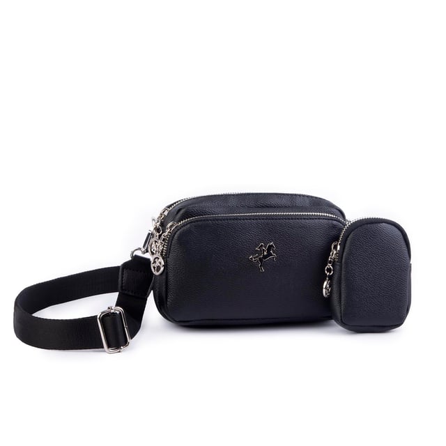 Nas Bag Mini Kadın Çapraz Mini Cüzdanlı At Amblemli Siyah Mercan(eni :20 cm ; boy 14 cm)