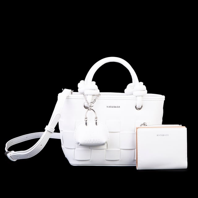 Nas Bag Premium Şık Kadın 2 li Set ve Charmlı ve Cüzdanlı  El ve Çapraz Çanta Beyaz