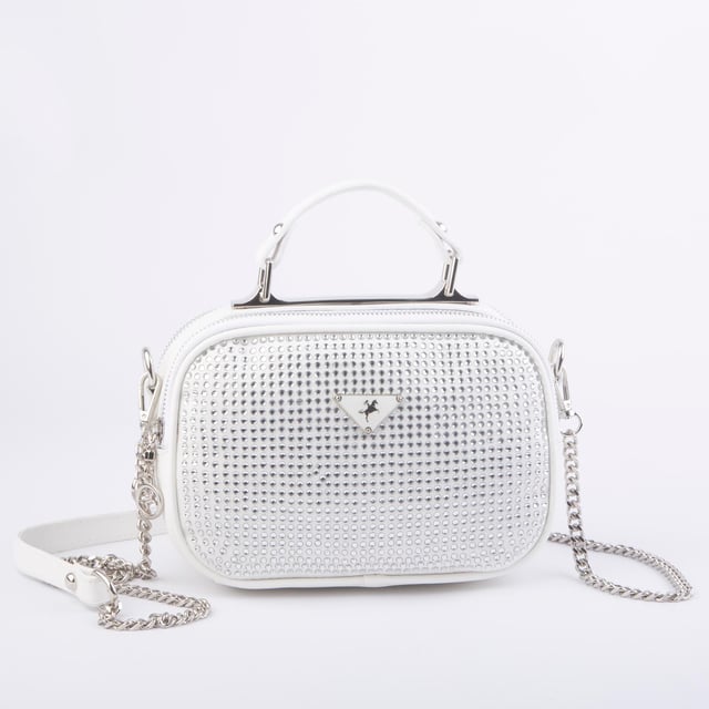 Nas Bag Zincirli Kapitone Çift Gözlü El ve Çapraz Çanta Beyaz Taşlı ( 21x16 cm )