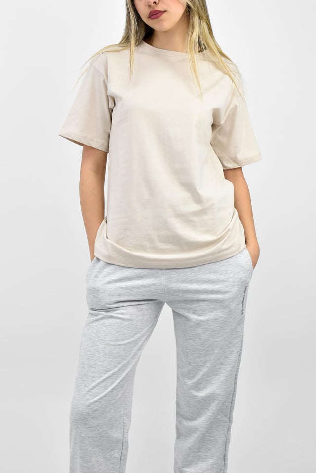 Bisiklet Yaka Oversize Basic Tişört - Bej