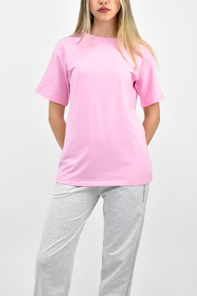 Bisiklet Yaka Oversize Basic Tişört - Pembe