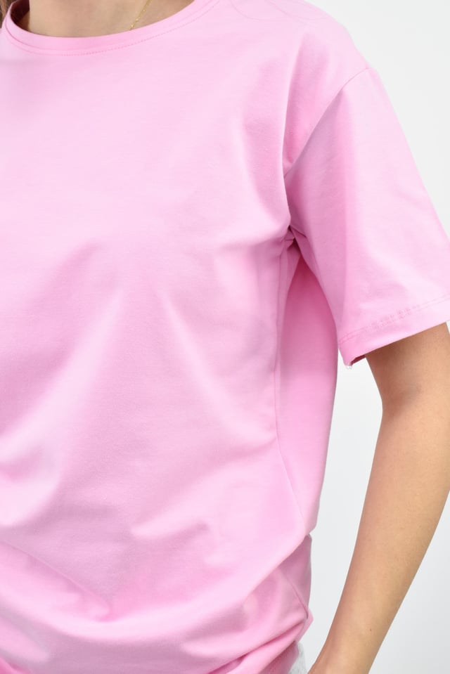 Bisiklet Yaka Oversize Basic Tişört - Pembe