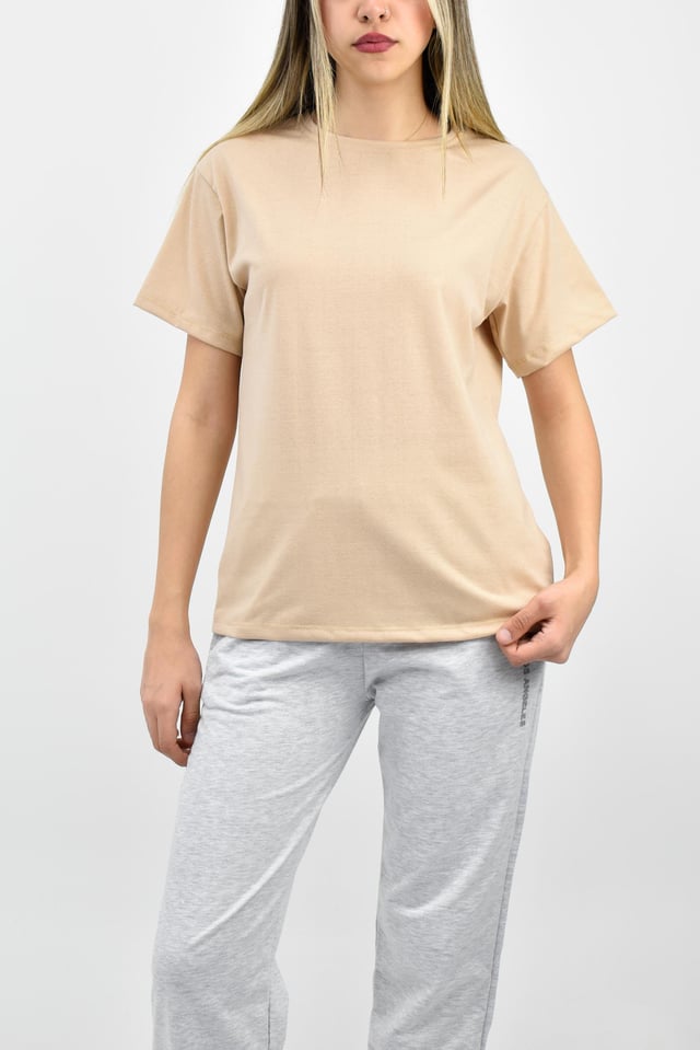 Bisiklet Yaka Oversize Basic Tişört - Taş