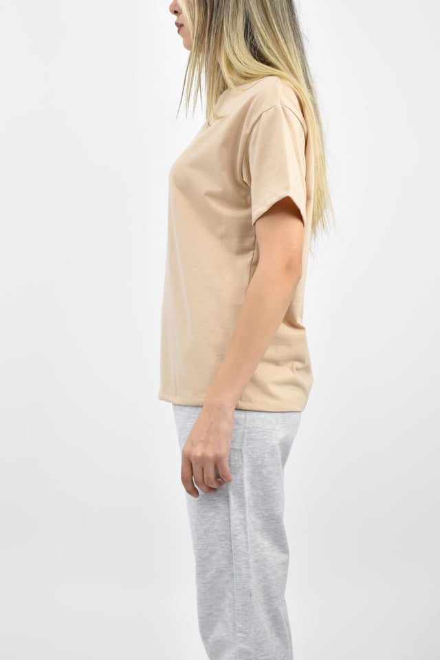Bisiklet Yaka Oversize Basic Tişört - Taş