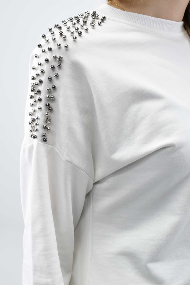 Boncuk Detaylı Tunik-Pantolon Takım - Ekru