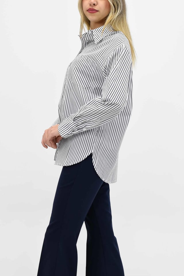 Cepli Çizgili Oversize Gömlek-Lacivert
