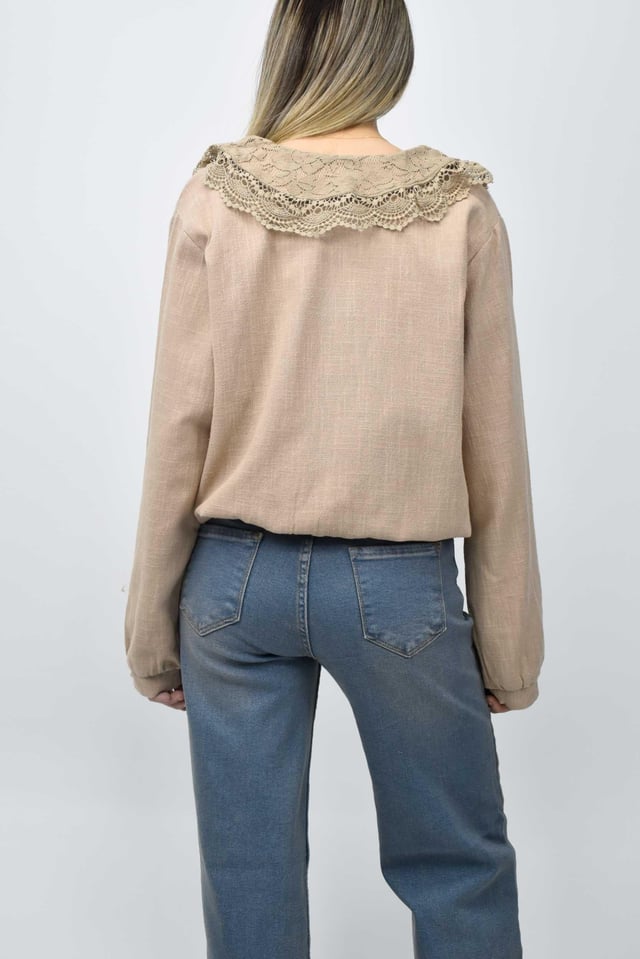 Dantel Yaka Keten Bomber Ceket - Bej