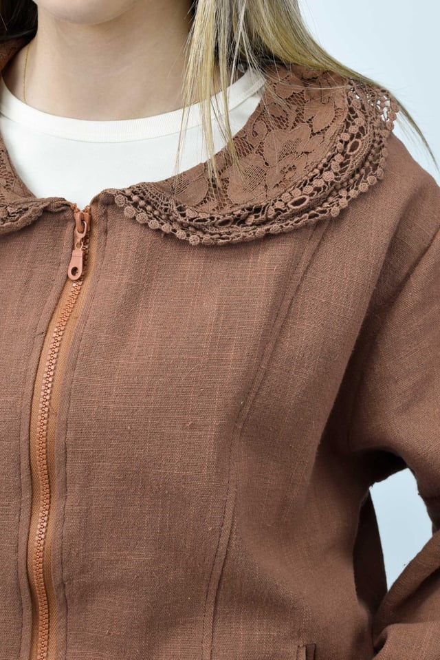 Dantel Yaka Keten Bomber Ceket - Taba