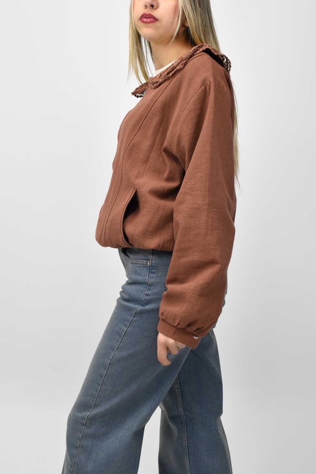 Dantel Yaka Keten Bomber Ceket - Taba