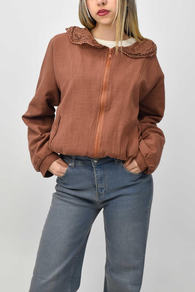 Dantel Yaka Keten Bomber Ceket - Taba