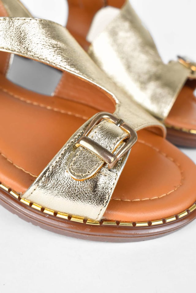 Kadın Hakiki Deri Asimetrik Kesim Kısa Topuklu Yazlık Sandalet - Metalik Gold
