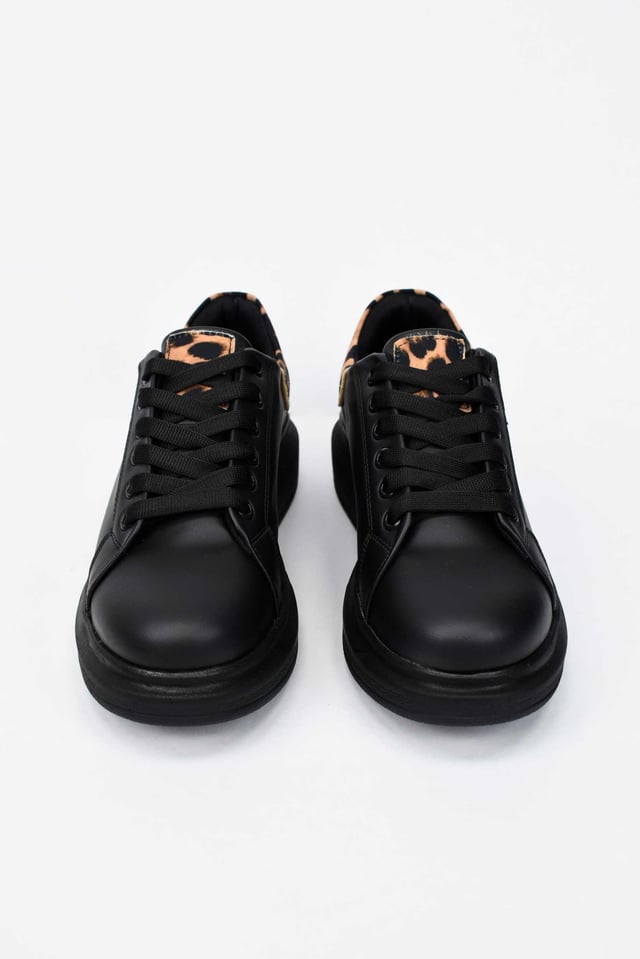 Kadın Yüksek Tabanlı Leopar Desenli Sneaker- Siyah