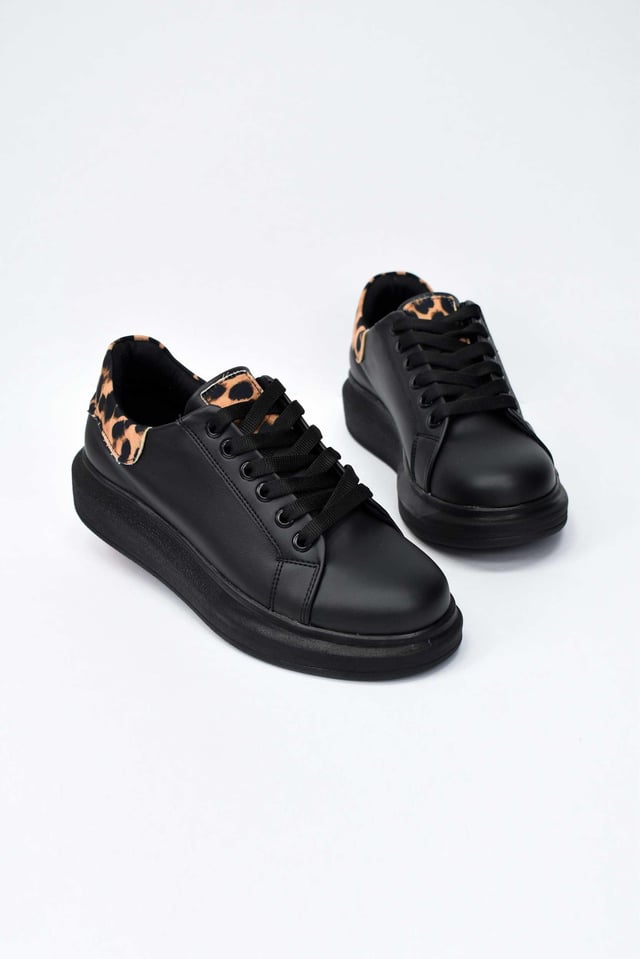 Kadın Yüksek Tabanlı Leopar Desenli Sneaker- Siyah