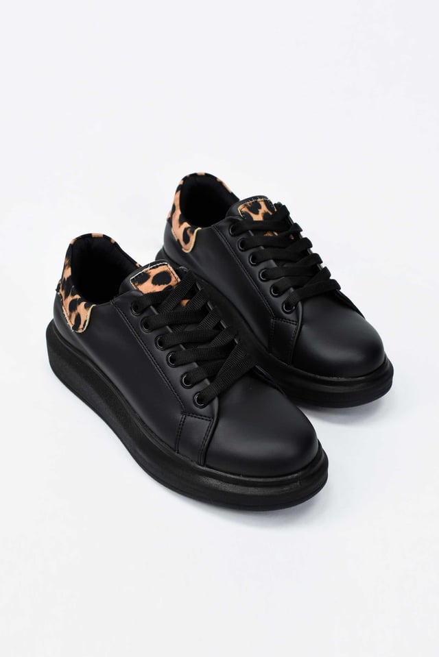Kadın Yüksek Tabanlı Leopar Desenli Sneaker- Siyah