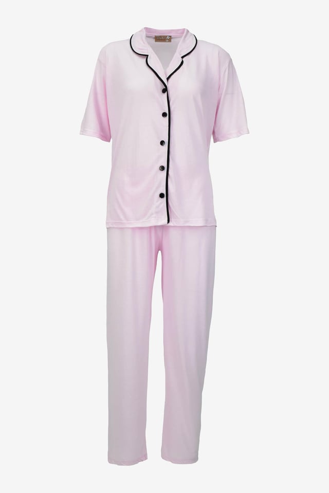 Kısa Kollu Düğmeli Biyeli Pijama Takımı -Toz Pembe