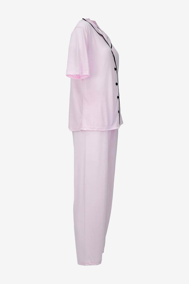 Kısa Kollu Düğmeli Biyeli Pijama Takımı -Toz Pembe