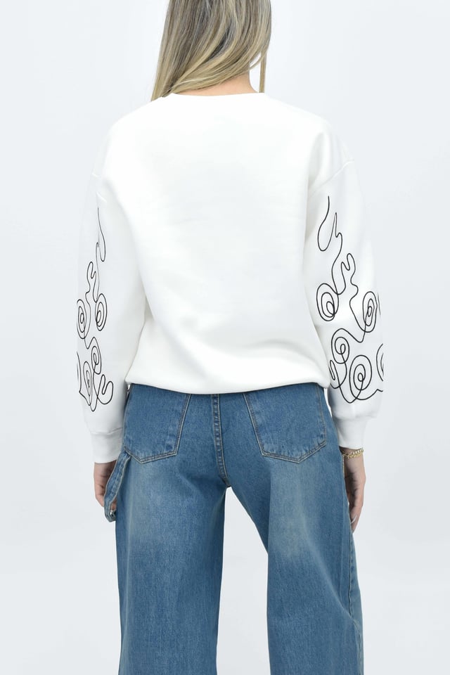 Kol Nakışlı Sweatshirt - Beyaz