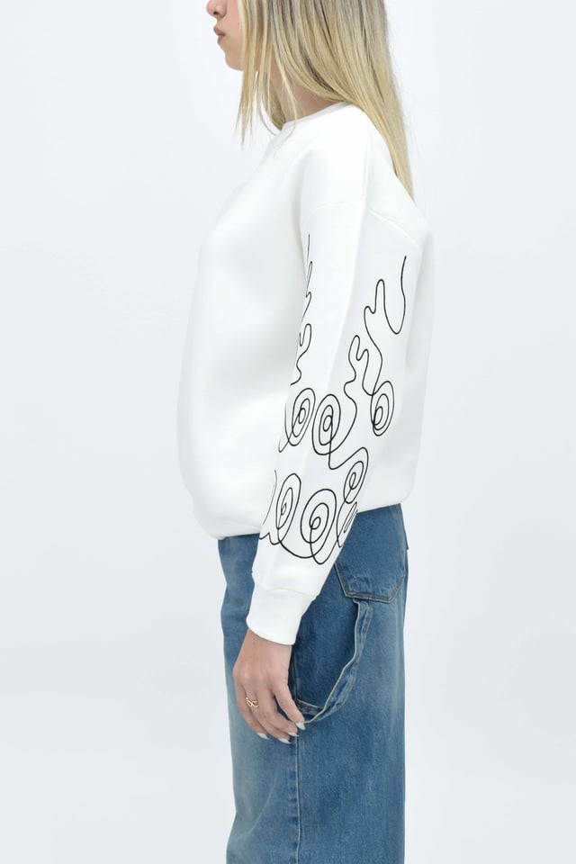 Kol Nakışlı Sweatshirt - Beyaz