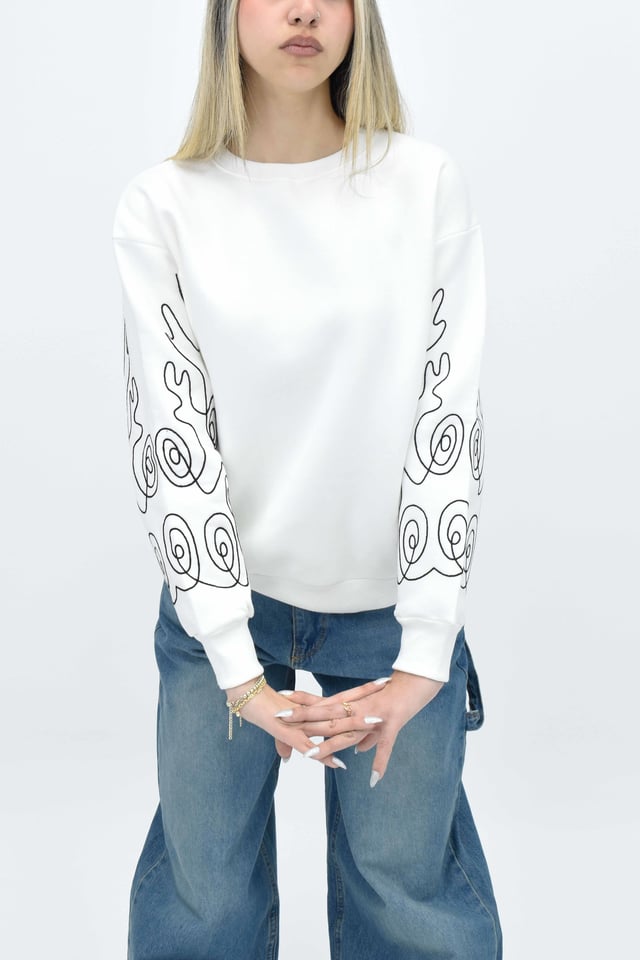 Kol Nakışlı Sweatshirt - Beyaz