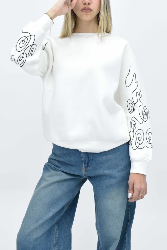 Kol Nakışlı Sweatshirt - Beyaz