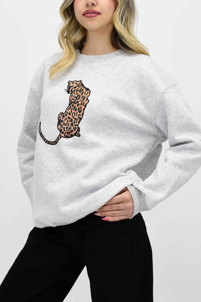Leopar Baskılı Sweatshirt-Gri
