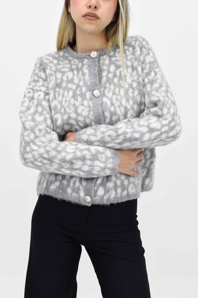 Leopar Desenli Sakallı Hırka - Gri