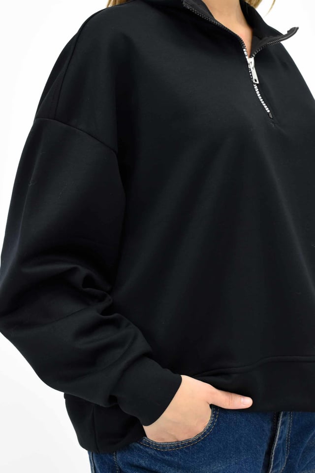 Modal Kumaş Fermuarlı Sweatshirt - Siyah