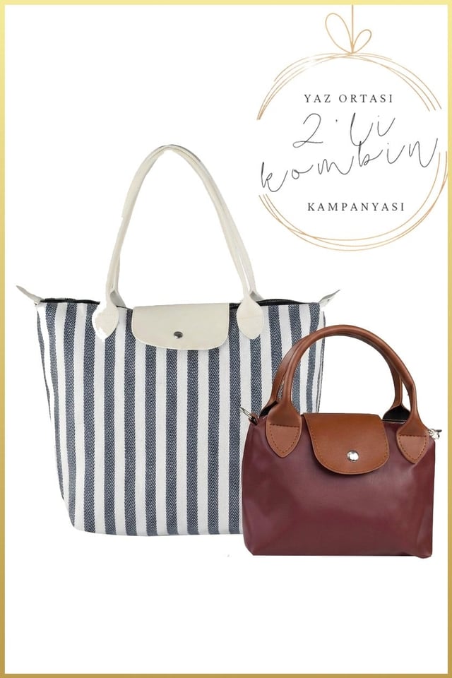 Siyah-Beyaz Çizgili Shopper Çanta ve Bordo Pia Mini Çanta Seti