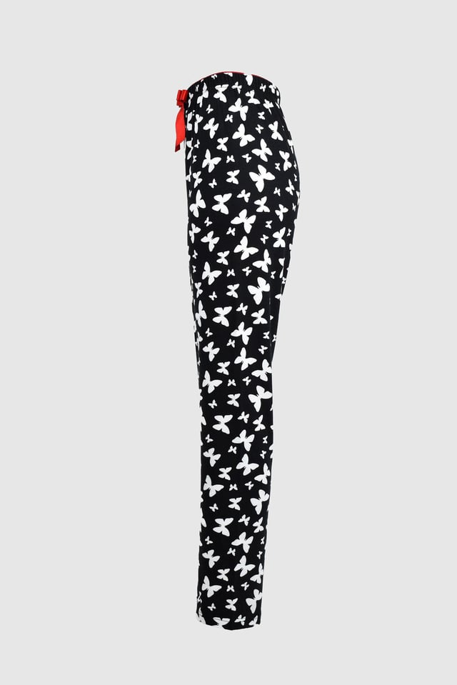 Uzun Siyah Beyaz Kelebek Desenli Alt Pijama