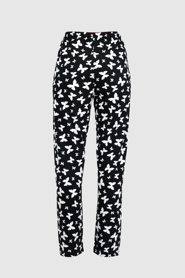 Uzun Siyah Beyaz Kelebek Desenli Alt Pijama