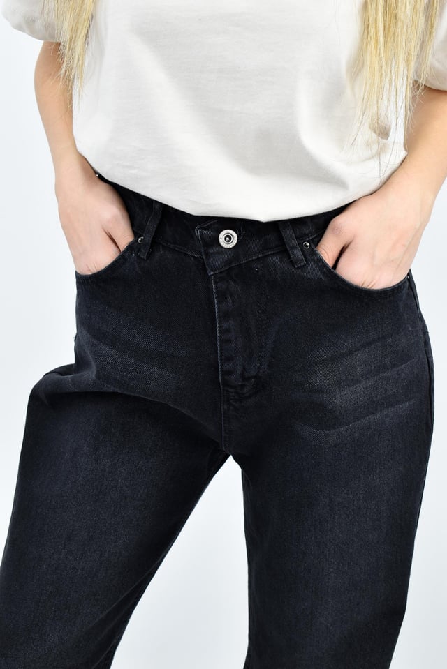 Wide Leg Taşlanmış Kot Pantolon - Siyah