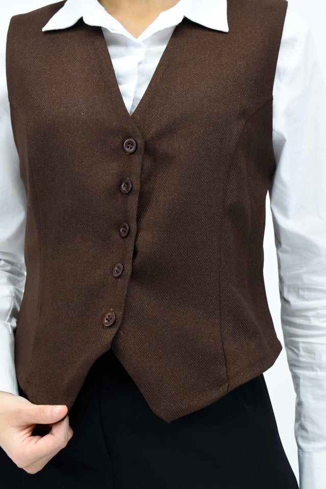 Yün Efekt Blazer Yelek - Acı Kahve