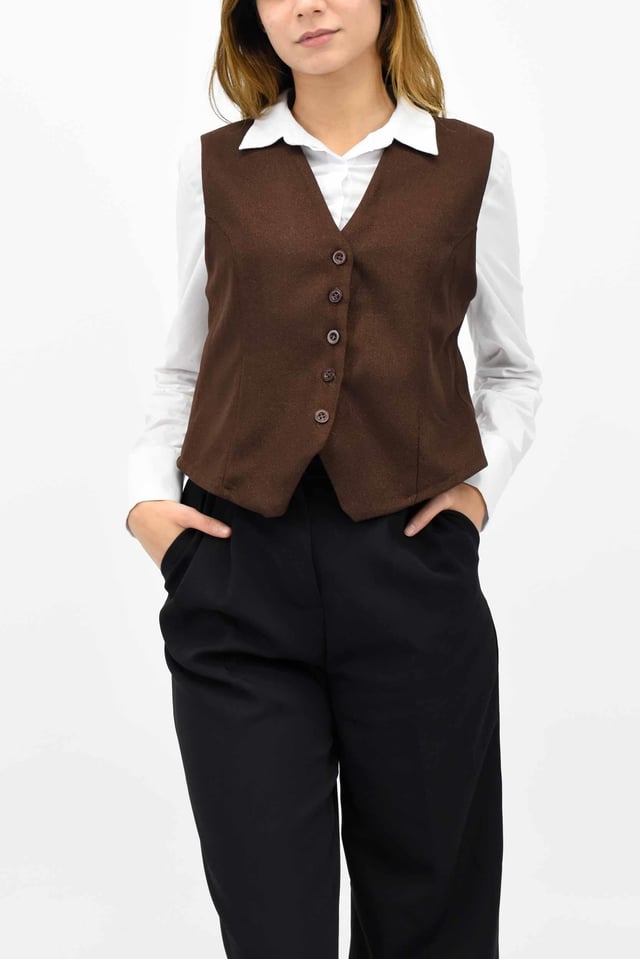 Yün Efekt Blazer Yelek - Acı Kahve