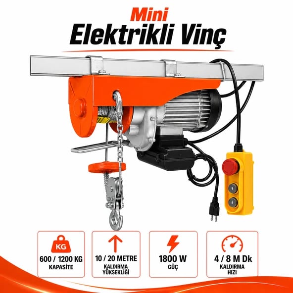 Rico RC6041 PA1200 Elektrikli Vinç Caraskal 600/1200Kg 20 Metre Halatlı Kumandalı Yük Kaldırma 1800W