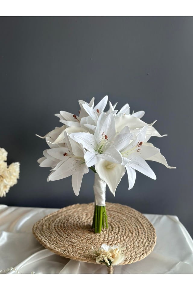 Premium Lilyum-Gala Gelin Buketi-Damat Yaka Çiçeği-2 li Set