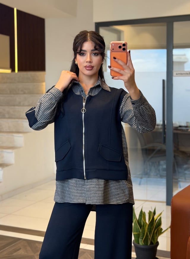  Kol Detaylı Ekoseli Takım K1906 Lacivert