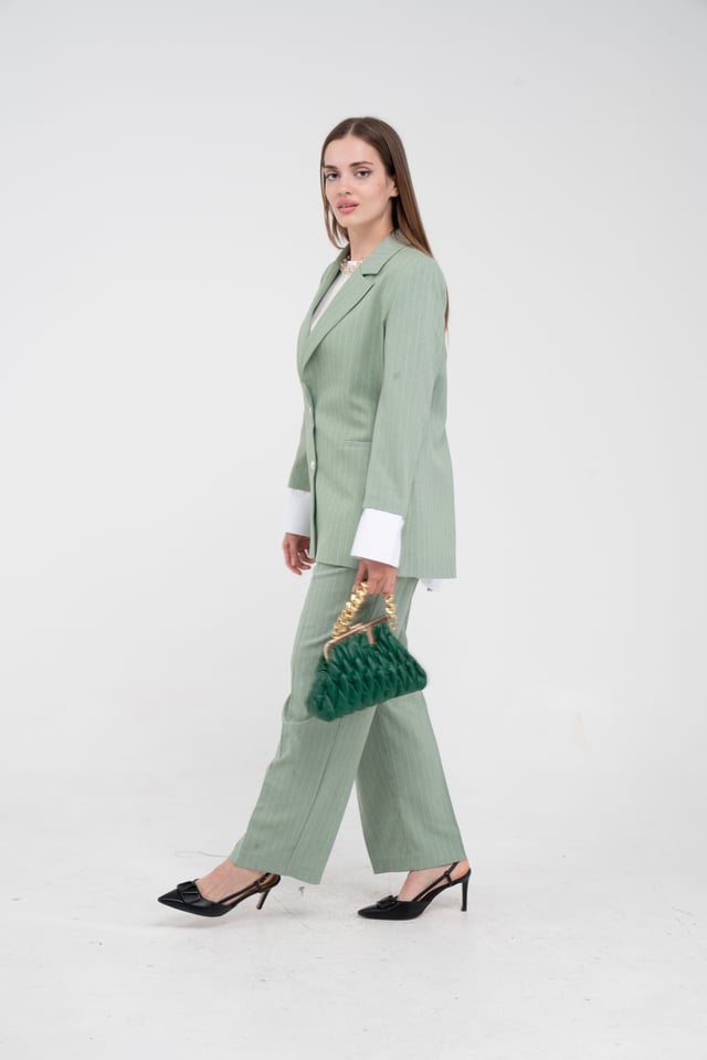 Asimetrik Kesim Gömlek Detaylı Blazer Ceket Pantolon Takım K8013 Yeşil