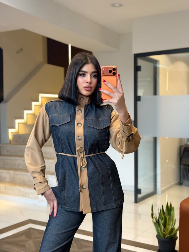 Beli Bağlamalı Denim İkili Takım K1754 KAHVERENGİ