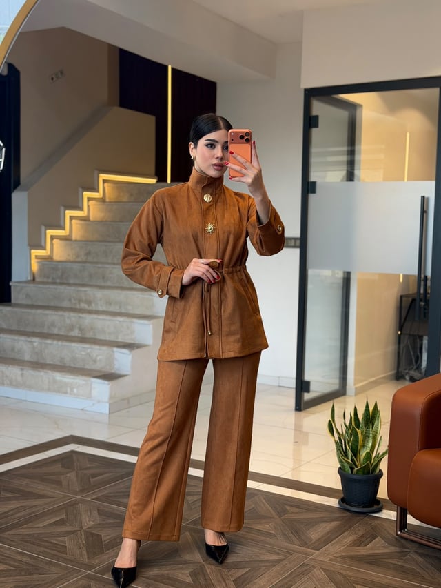 Düğme Detaylı Süet İkili Takım K1757 TABA