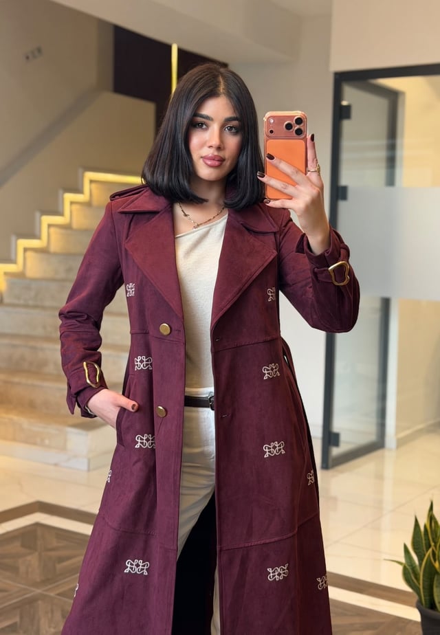 Düğme ve Toka Detaylı Şık Süet Trenç K8088 Bordo