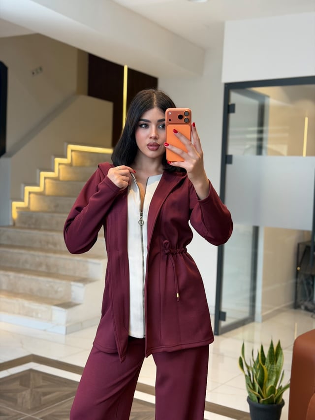 Kapüşonlu Beli Büzgülü Eşofman Takımı K1726 BORDO