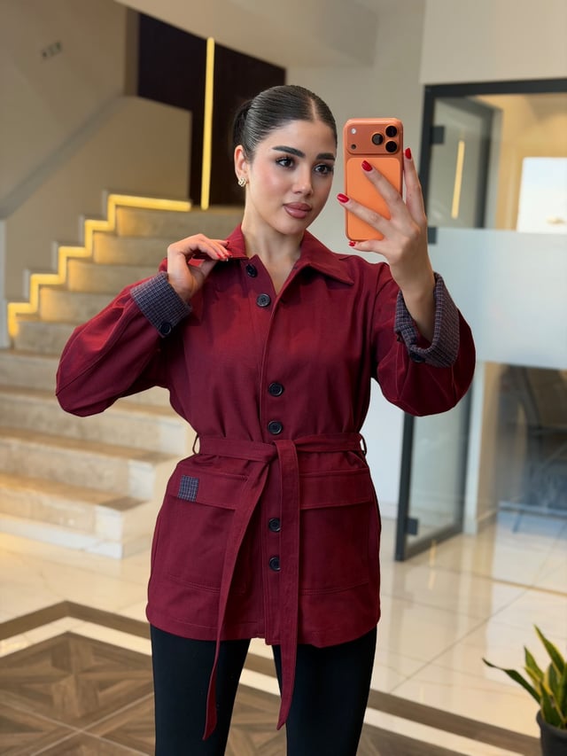 Kolları Ekose Desen Detaylı Kuşaklı Kahverengi Ceket K1874 Kahverengi